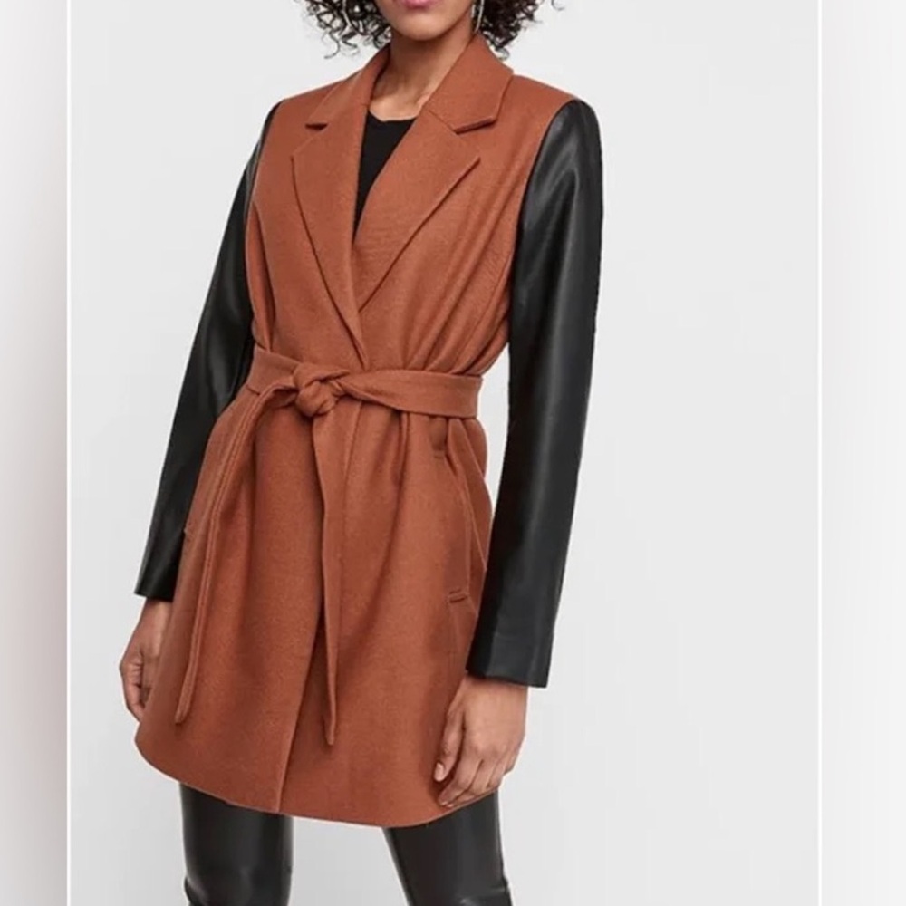 Wool-blend Coat with Vegan Leather Sleeves